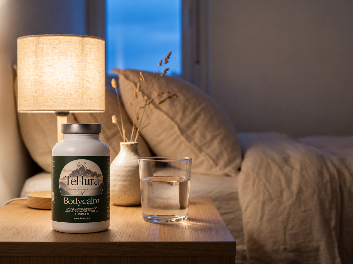 Bote de Bodycalm en una mesilla de noche junto a un vaso de agua y una lámpara encendida