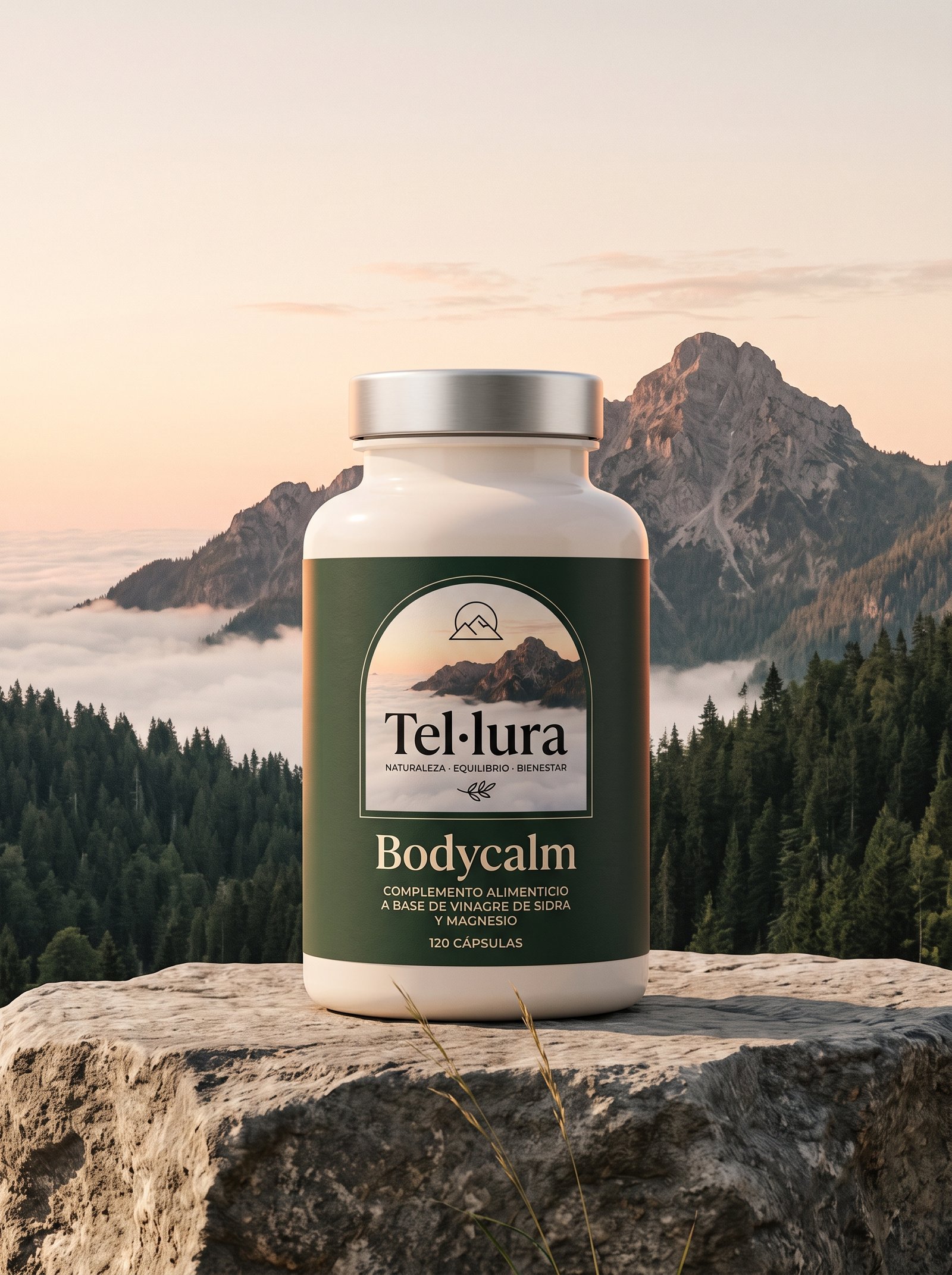 Bote de Bodycalm sobre una roca, con una montaña al amanecer y niebla en el valle