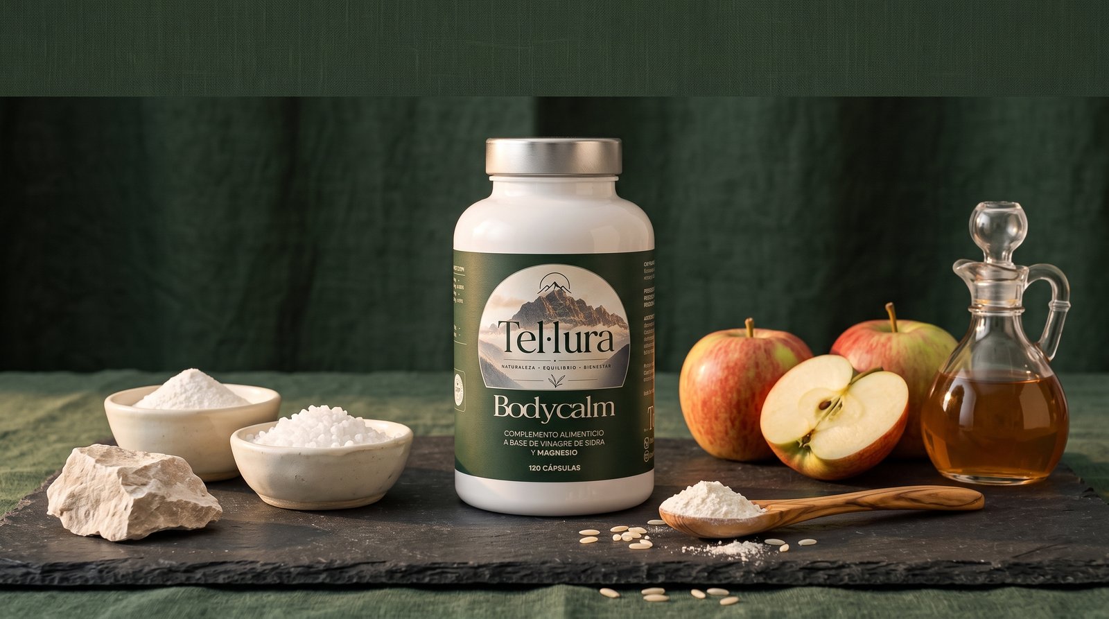 Bote de Bodycalm sobre pizarra junto a manzanas, vinagre de sidra, arroz y minerales
