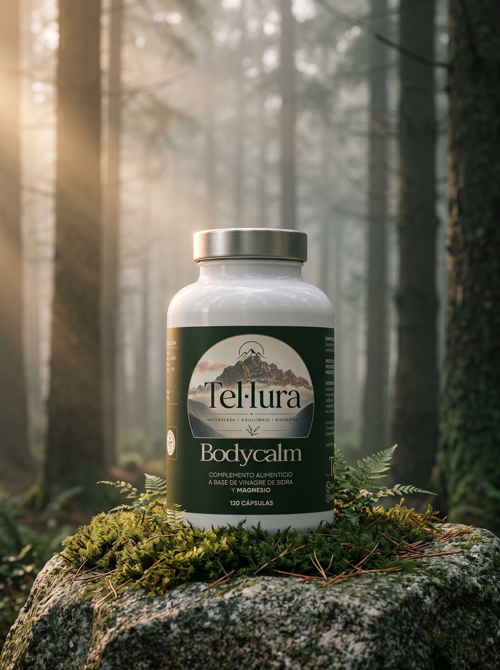 Bote de Bodycalm sobre una roca cubierta de musgo, en un bosque con niebla y luz de mañana