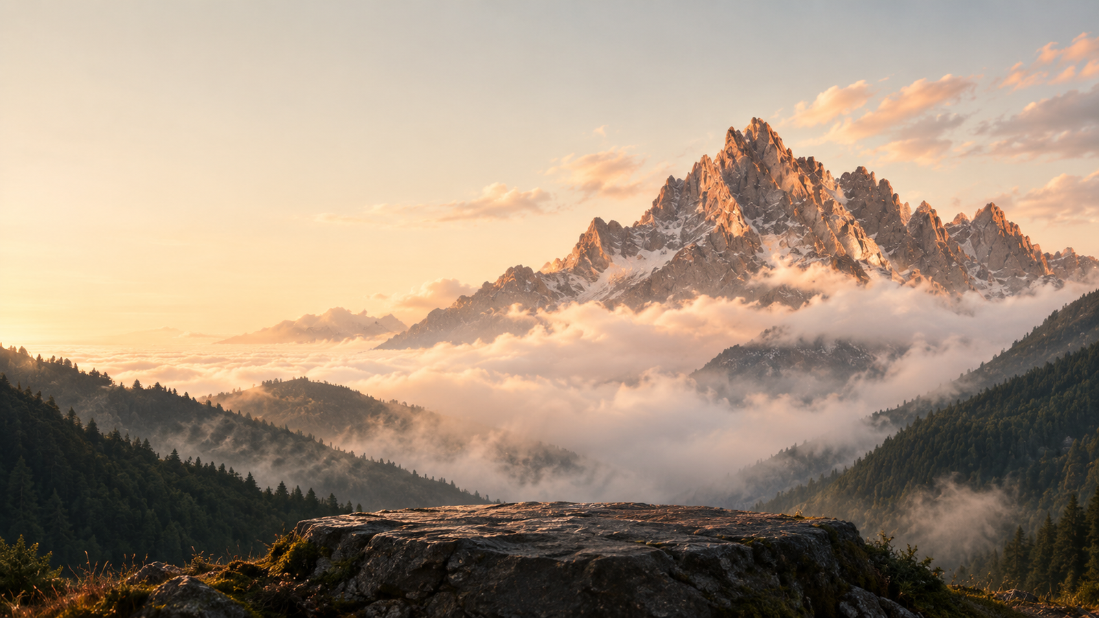 Cumbres al amanecer sobre un mar de nubes, con una roca en primer plano