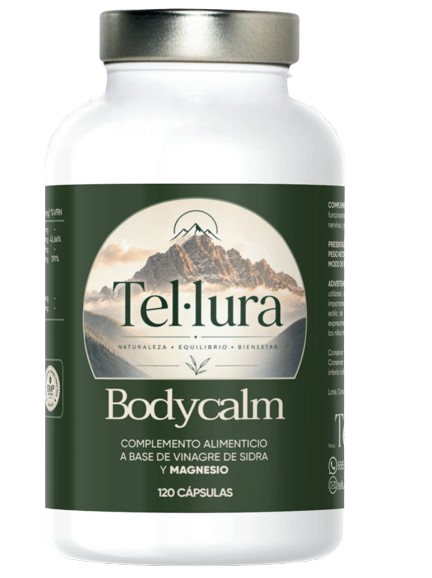 Bote de Bodycalm visto de frente, con la etiqueta verde y el arco con la montaña